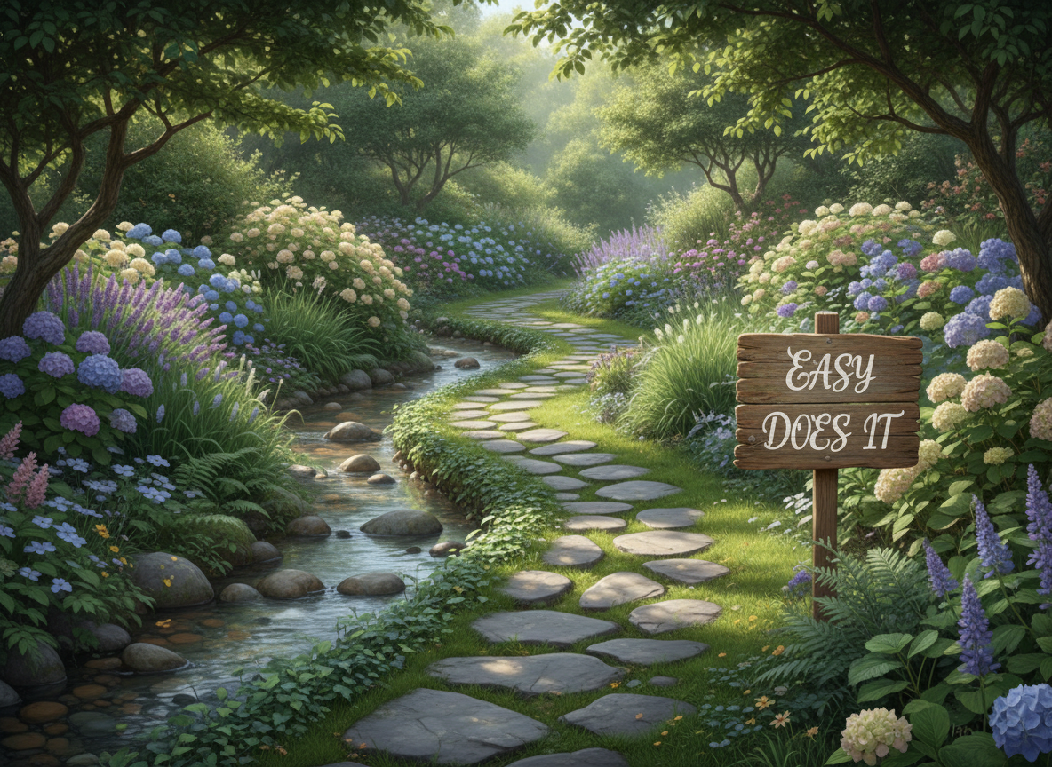 A garden path alongside a stream, with purple flowers and an Easy Does It sign